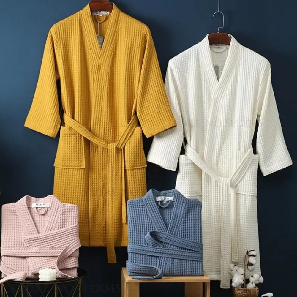 Cotton Waffle Kimono Bathrobe Yukata Style Couple Loungewear 0