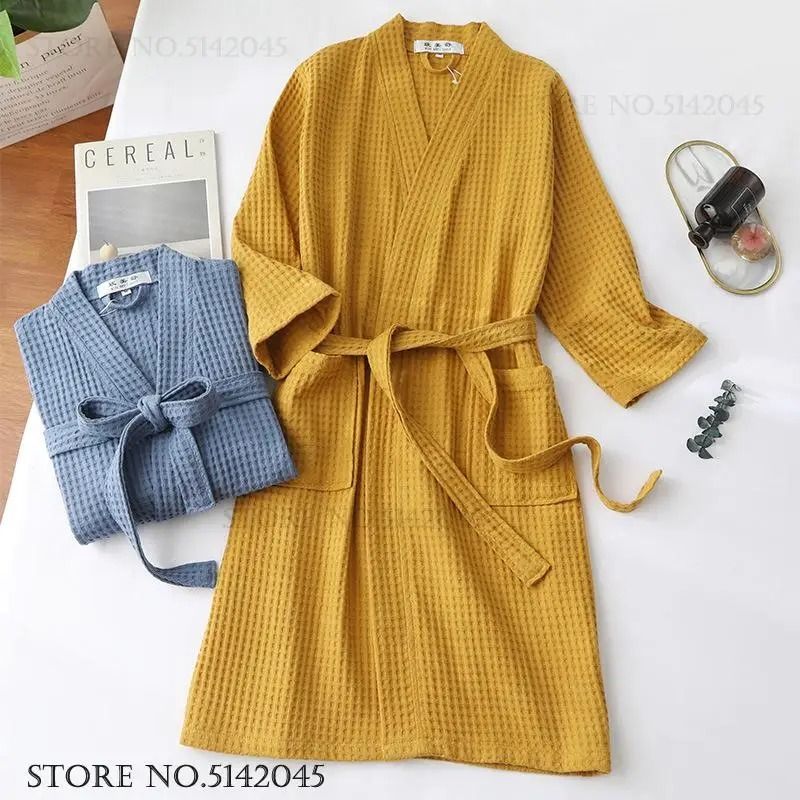 Cotton Waffle Kimono Bathrobe Yukata Style Couple Loungewear 6