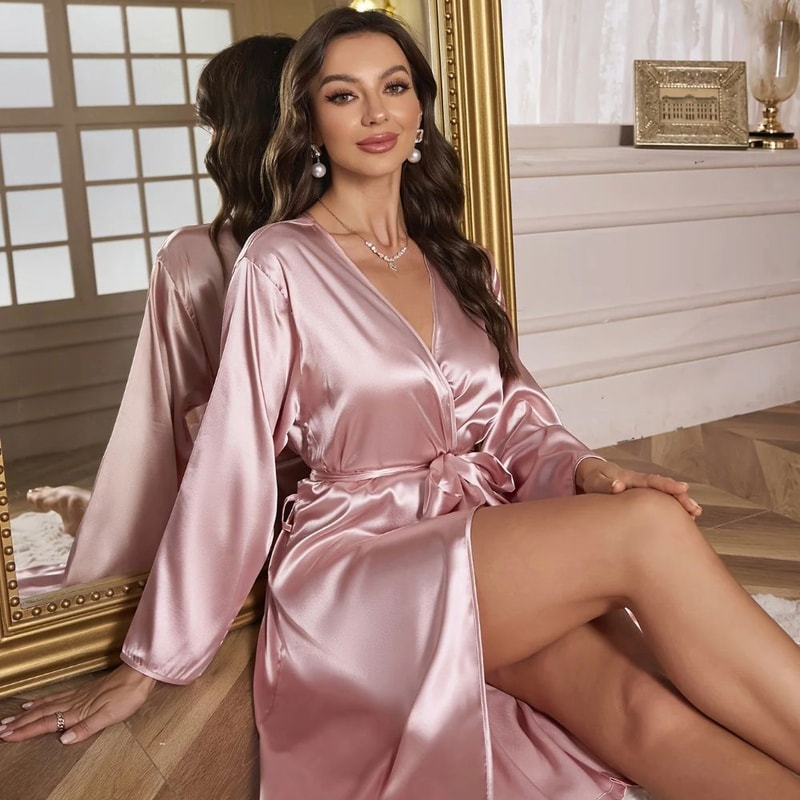 Luxury Silk Satin Robe Elegant V Neck Sleepwear For Women 3
