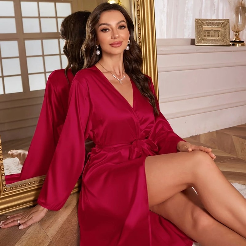 Luxury Silk Satin Robe Elegant V Neck Sleepwear For Women 4