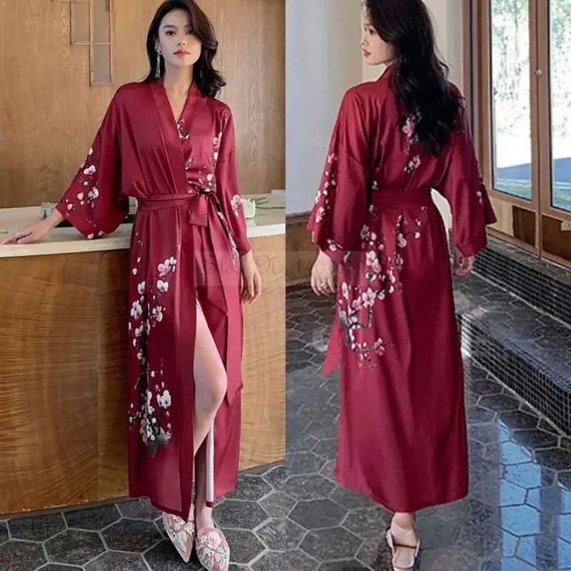 Floral Rayon Kimono Long Bathrobe For Women Spring Summer Loungewear 18