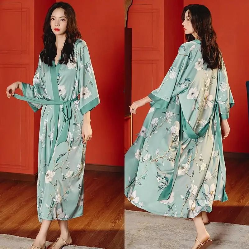Floral Rayon Kimono Long Bathrobe For Women Spring Summer Loungewear 14