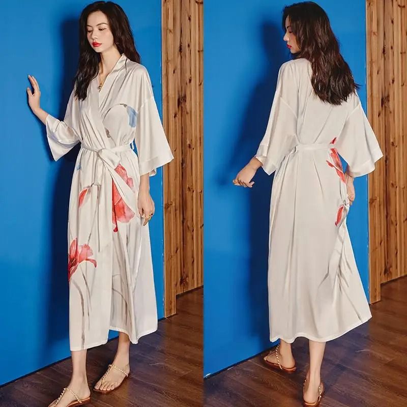 Floral Rayon Kimono Long Bathrobe For Women Spring Summer Loungewear 13