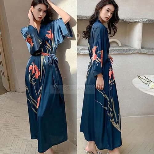 Floral Rayon Kimono Long Bathrobe for Women Spring Summer Loungewear