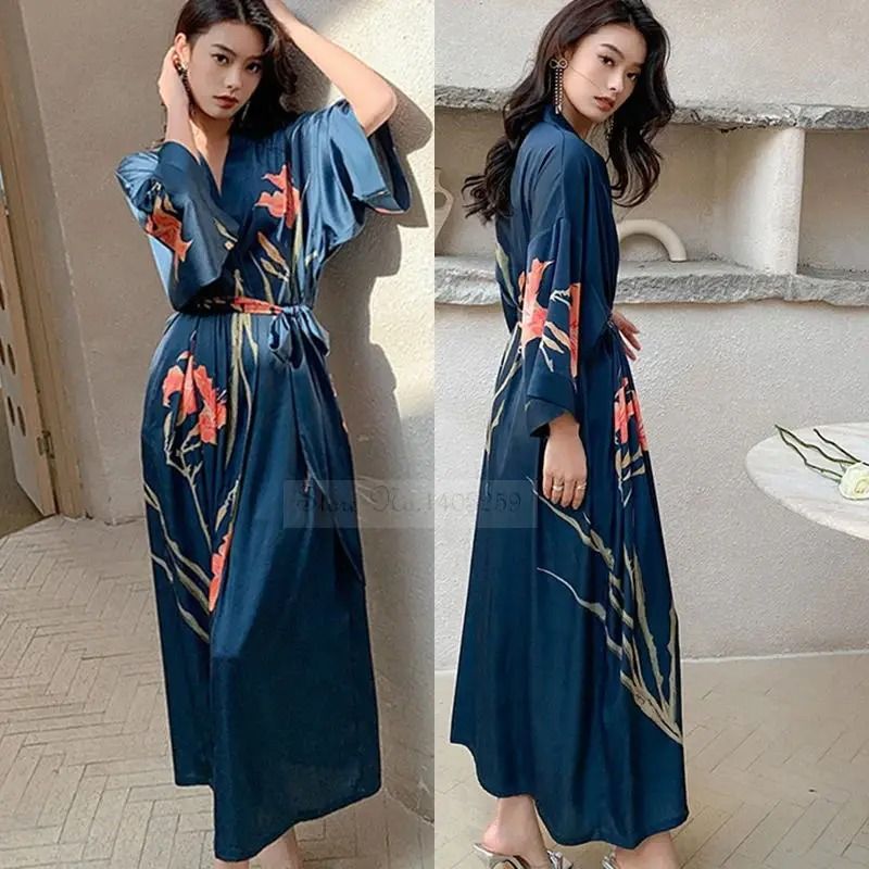 Floral Rayon Kimono Long Bathrobe For Women Spring Summer Loungewear 0