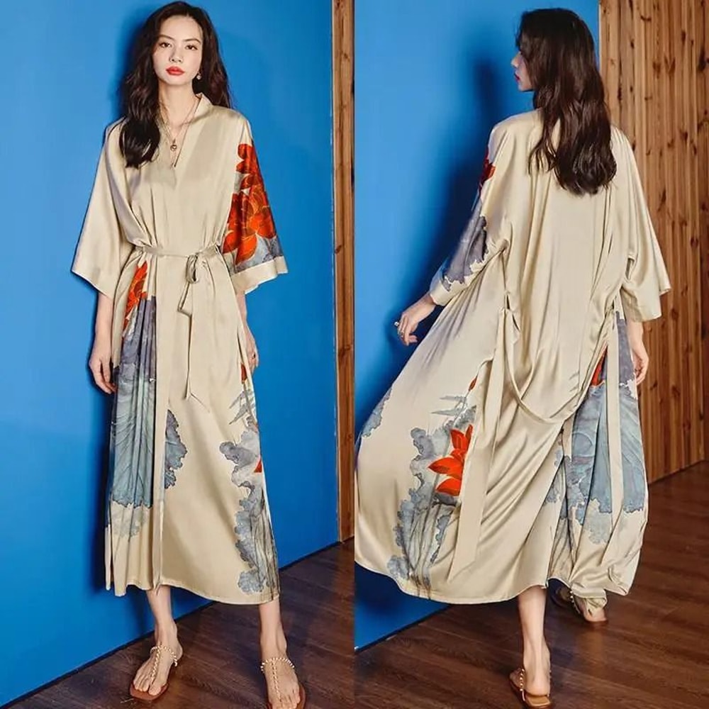 Floral Rayon Kimono Long Bathrobe For Women Spring Summer Loungewear 9
