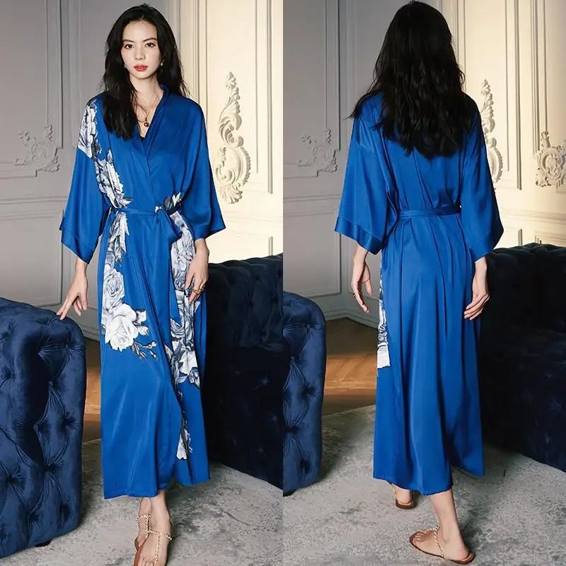 Floral Rayon Kimono Long Bathrobe For Women Spring Summer Loungewear 7
