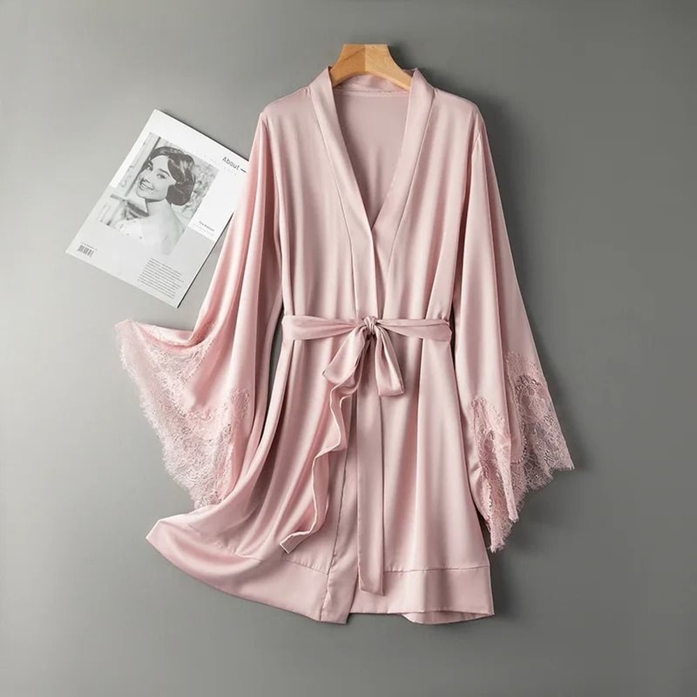 Pink Lace Satin Bridal Nightgown Kimono Bathrobe For Women 4