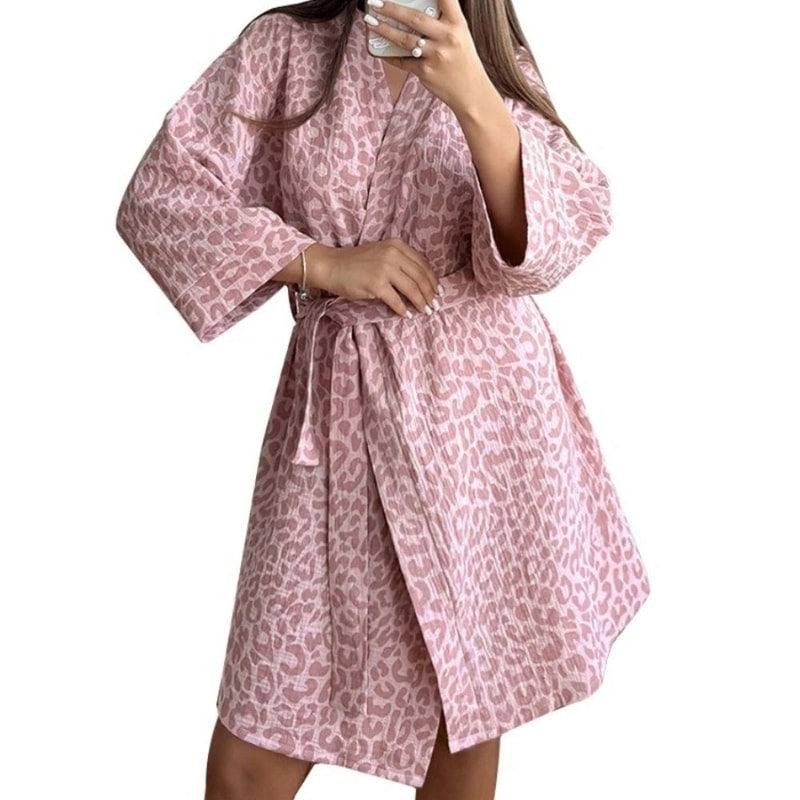 Muzuleva 100 Percent Cotton Pink Leopard Print Robe Pajama Nightgown 0