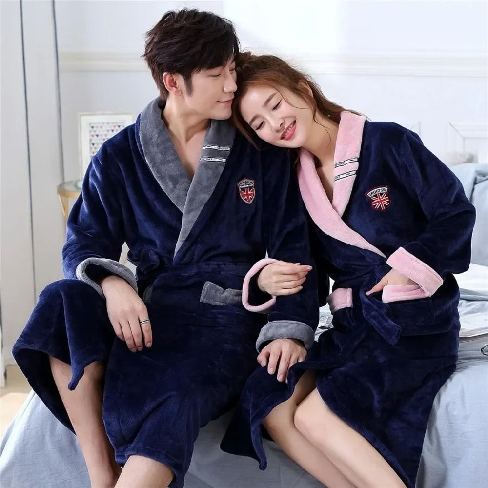 Winter Thick Coral Fleece Couple Robe Plush Flannel Kimono Gown 0