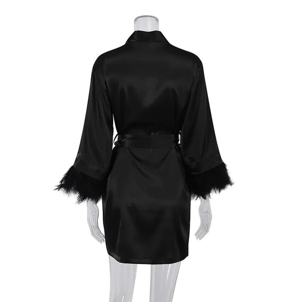 White Feather Bridal Satin Robe With Fur Trim Full Sleeve Nightgown 3