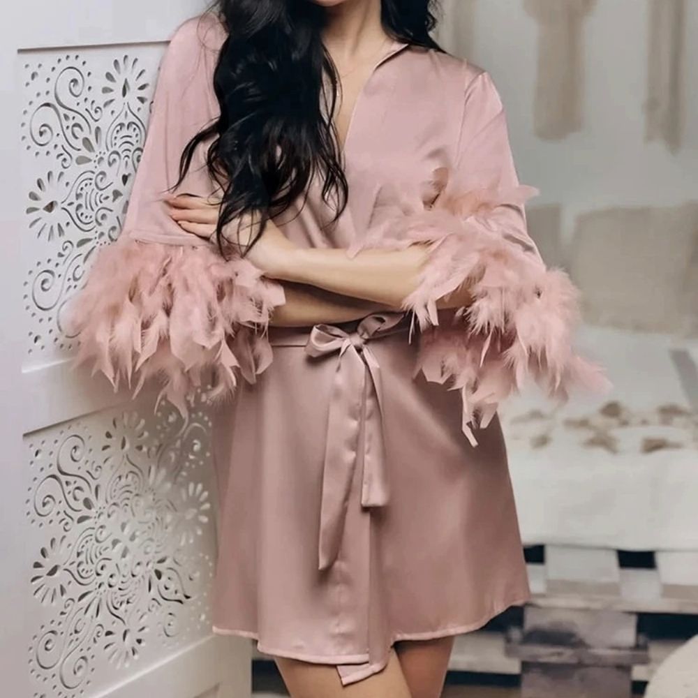 White Feather Bridal Satin Robe With Fur Trim Full Sleeve Nightgown 1