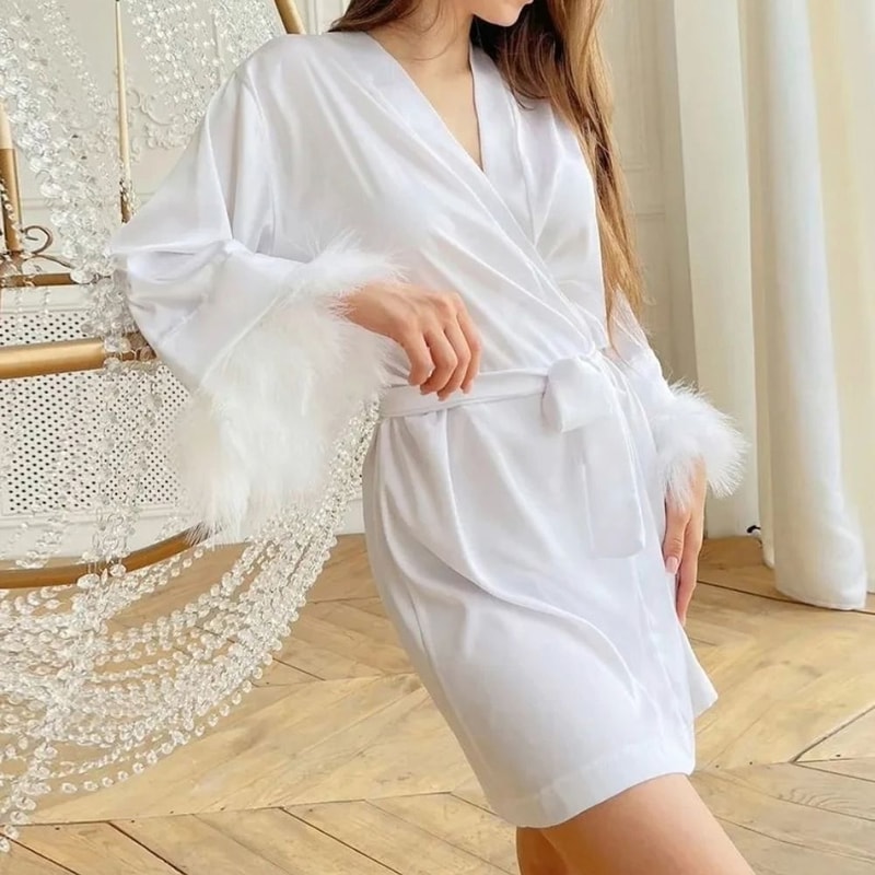 White Feather Bridal Satin Robe With Fur Trim Full Sleeve Nightgown 2