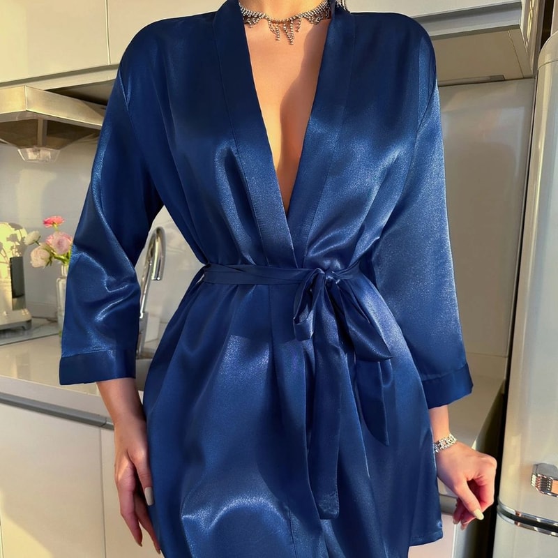 Ice Silk Lace Up Morning Gown Summer Sexy Bathrobe For Women 1