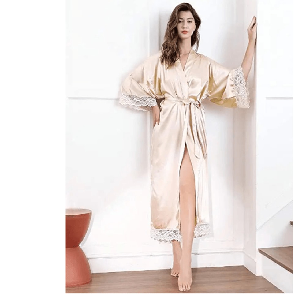 Silk Satin Lace Long Wedding Robe For Bride And Bridesmaid 0