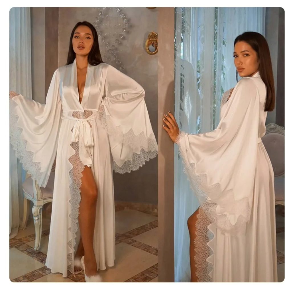 Black Silk Satin Lace Trim Kimono Long Wedding Photo Shoot Robe 0