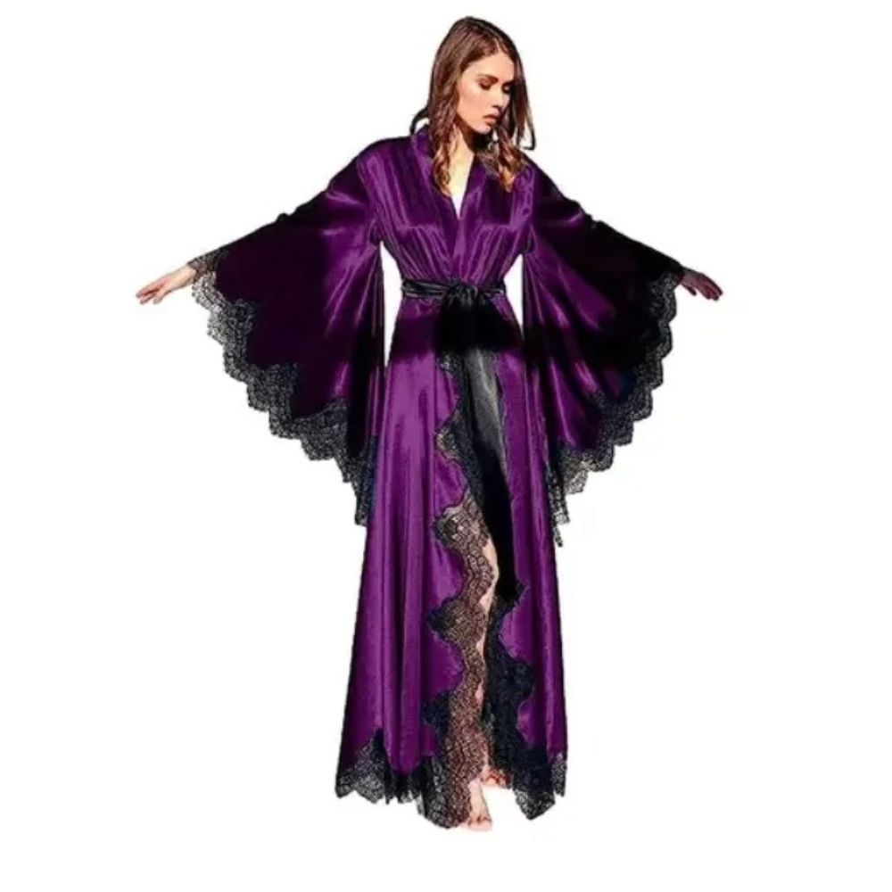 Black Silk Satin Lace Trim Kimono Long Wedding Photo Shoot Robe 5