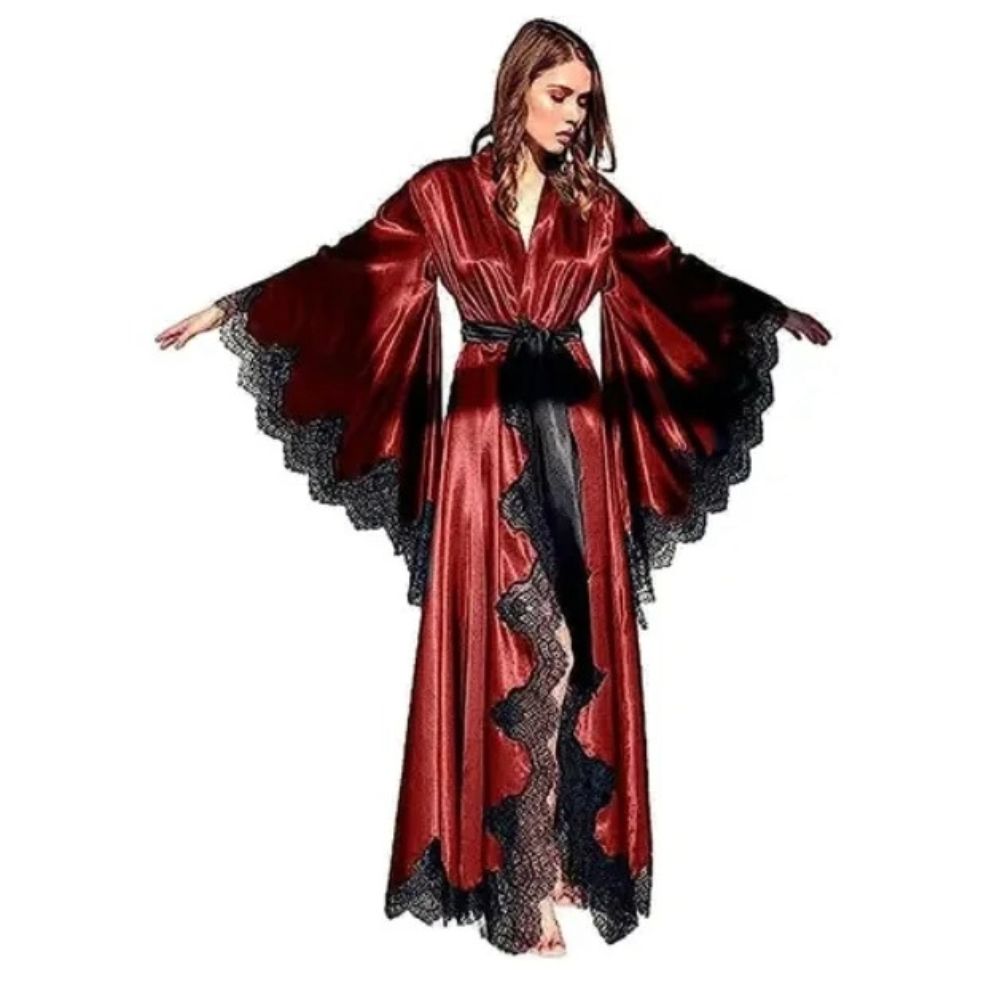 Black Silk Satin Lace Trim Kimono Long Wedding Photo Shoot Robe 2