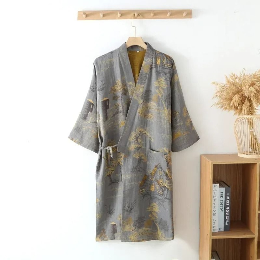 Mens Cotton Kimono Robe Jacquard Printed Spring Home Bathrobe 2