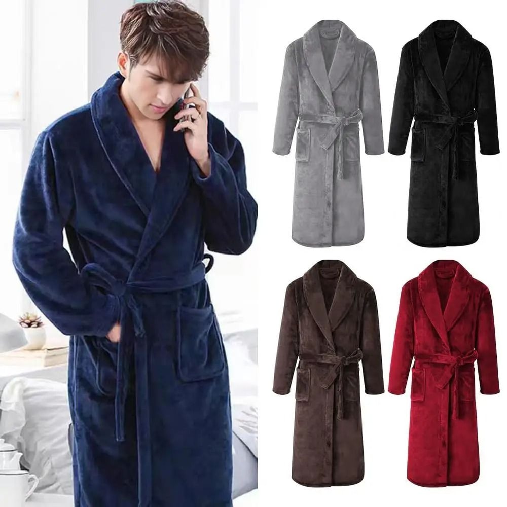 Mens Plush Flannel Winter Bathrobe Thick Lined Medium Length Home Robe 0