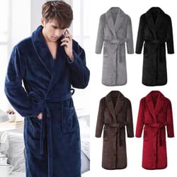 mens plush flannel winter bathrobe thick lined medium length home robe