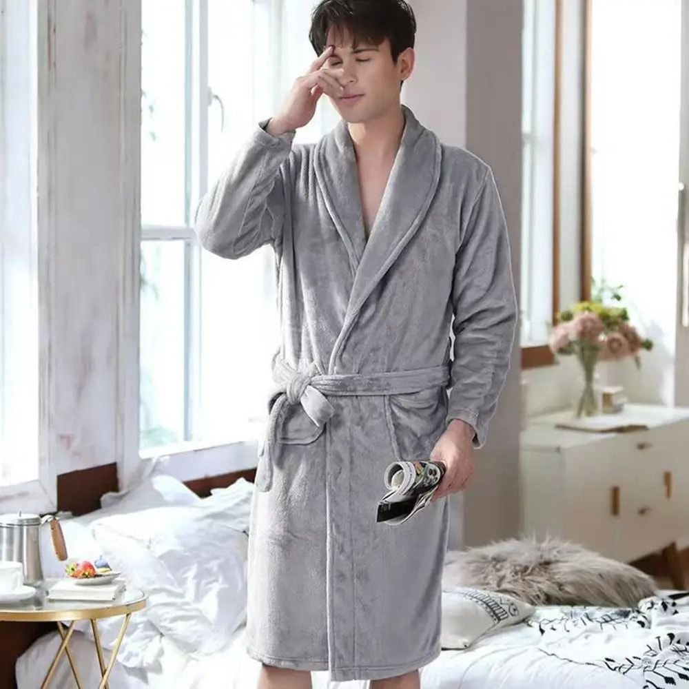 Mens Plush Flannel Winter Bathrobe Thick Lined Medium Length Home Robe 9