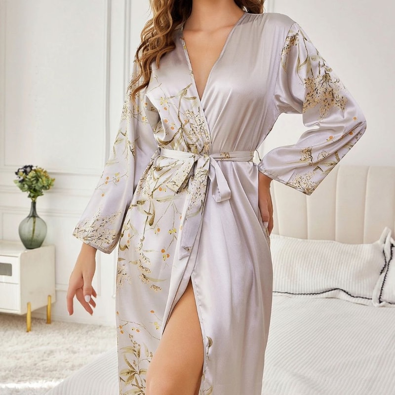 Elegant Floral Womens Silk Robe Long Sleeve Breathable Loungewear 4