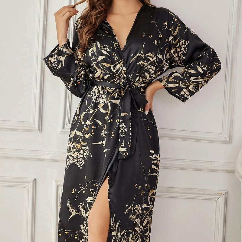 Elegant Floral Womens Silk Robe Long Sleeve Breathable Loungewear 1
