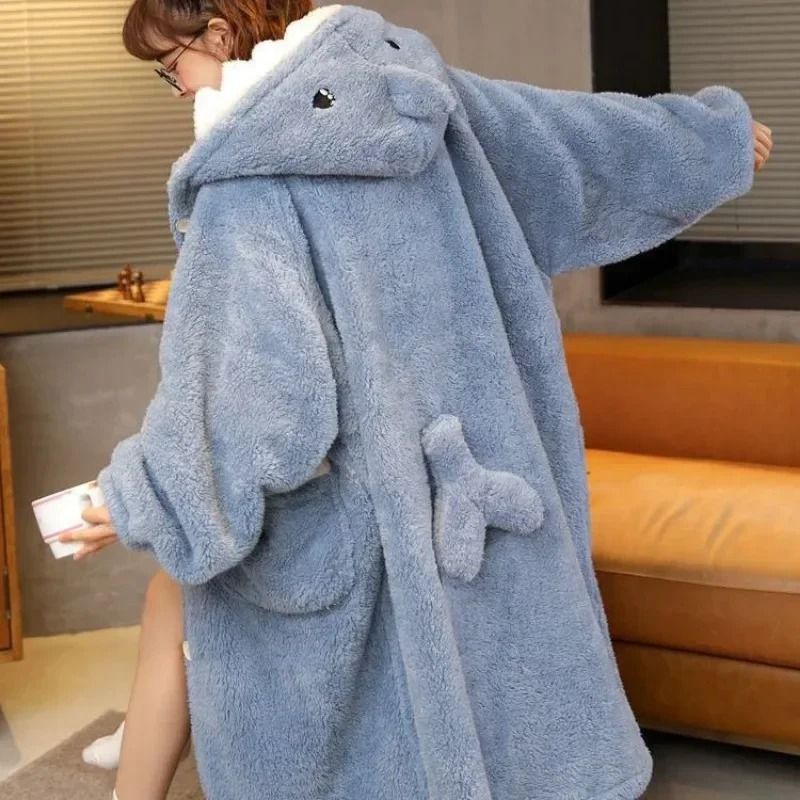 Winter Shark Fleece One Piece Nightgown Hooded Flannel Pajama Robe 3