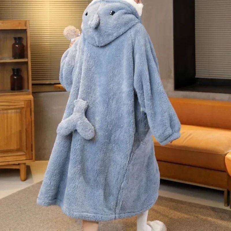 Winter Shark Fleece One Piece Nightgown Hooded Flannel Pajama Robe 4
