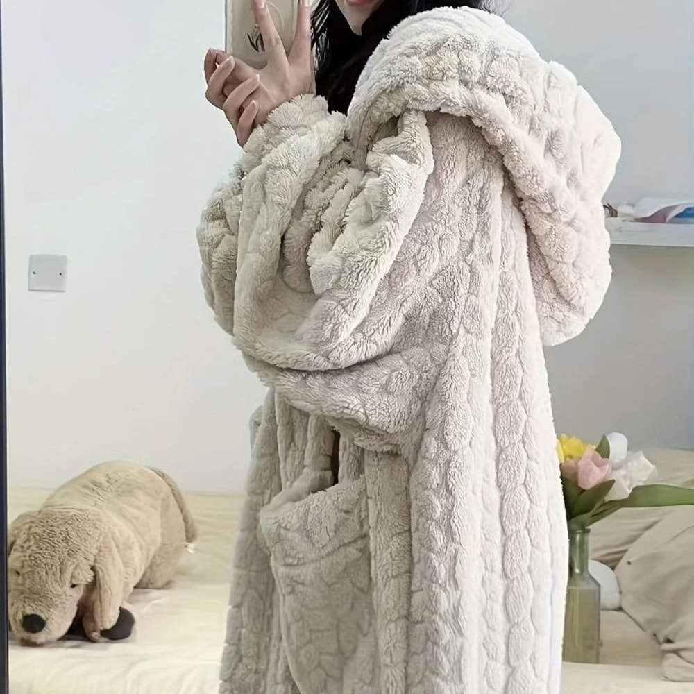 Coral Velvet Jacquard Winter Pajama Robe Thick Flannel Nightgown 0