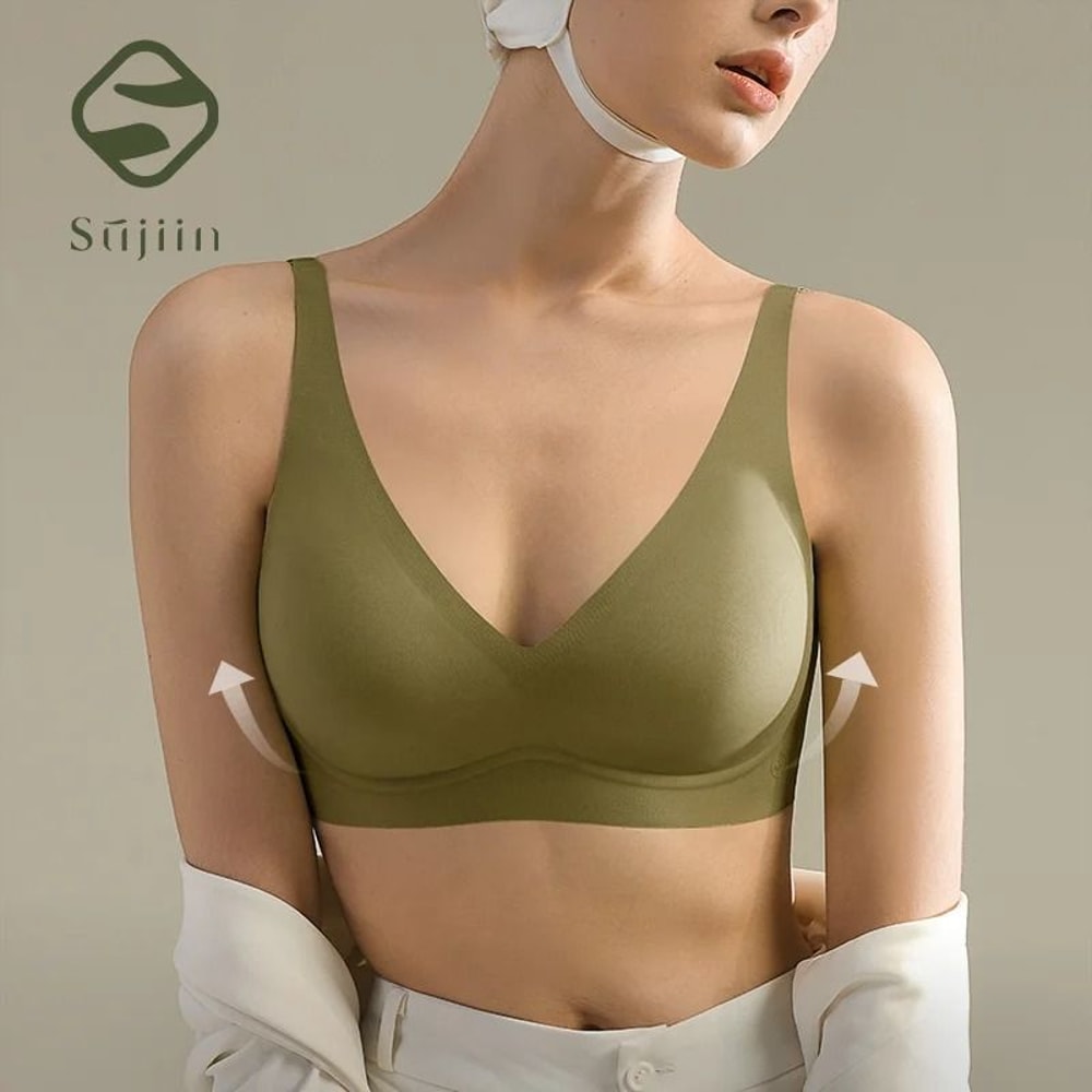 SUJIIN Seamless Wireless Push Up Bralette Invisible Lift V Neck Bra 10