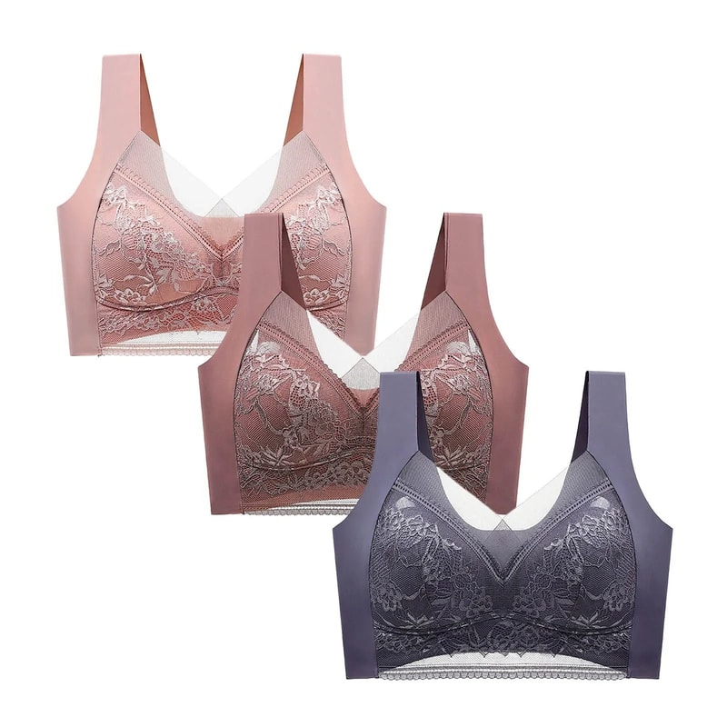 FallSweet 3 Pack Lace Push Up Bra Wireless Deep V Bralette Set L To 5XL 11