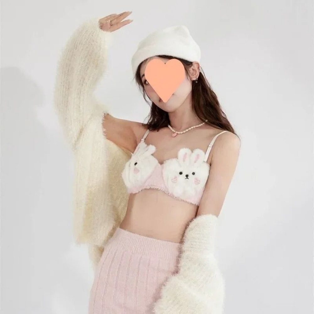 Kawaii Cozy Japanese Plush Winter Bra Wireless Rabbit Bear 6