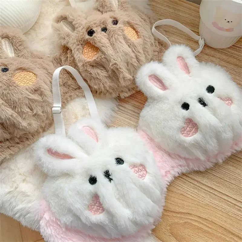 Kawaii Cozy Japanese Plush Winter Bra Wireless Rabbit Bear 9