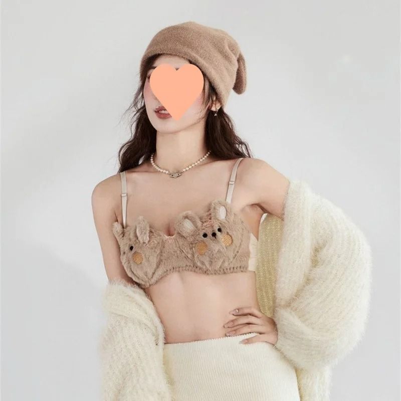 Kawaii Cozy Japanese Plush Winter Bra Wireless Rabbit Bear 7
