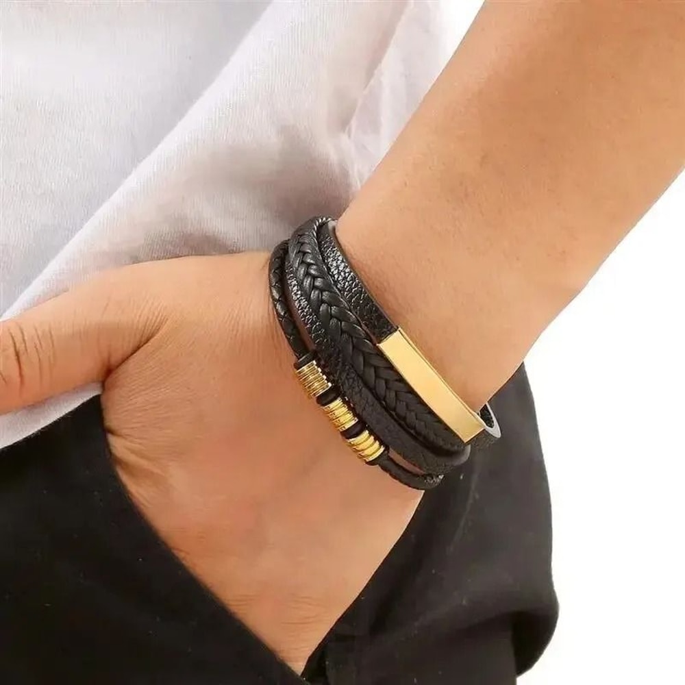 Multi Layer PU Leather Mens Bracelet With Magnetic Closure Gold Tube Charm 0