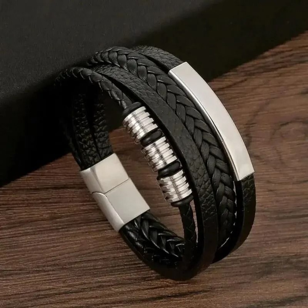 Multi Layer PU Leather Mens Bracelet With Magnetic Closure Gold Tube Charm 1