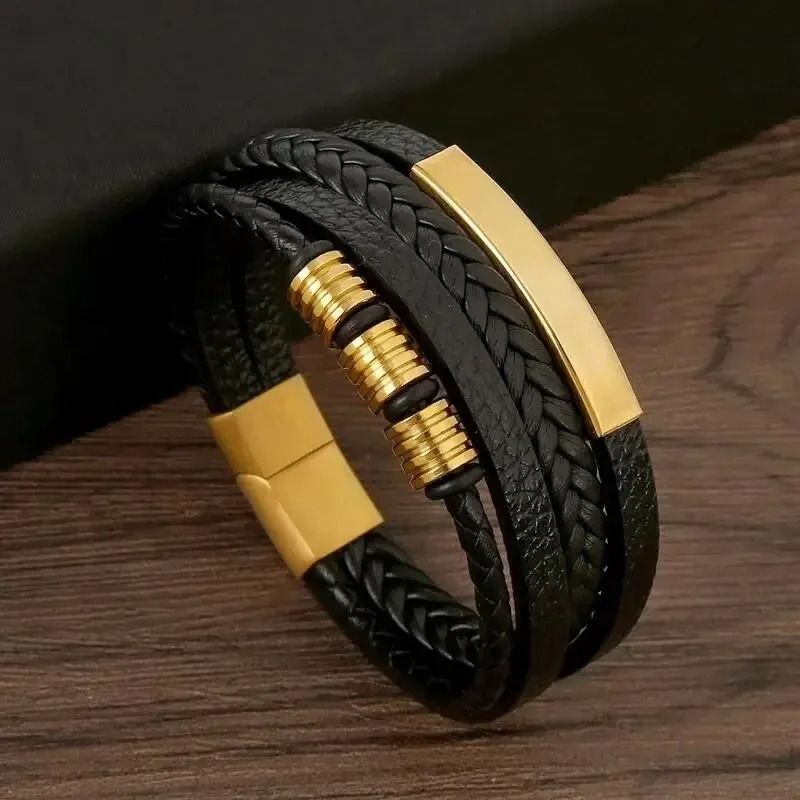 Multi Layer PU Leather Mens Bracelet With Magnetic Closure Gold Tube Charm 2