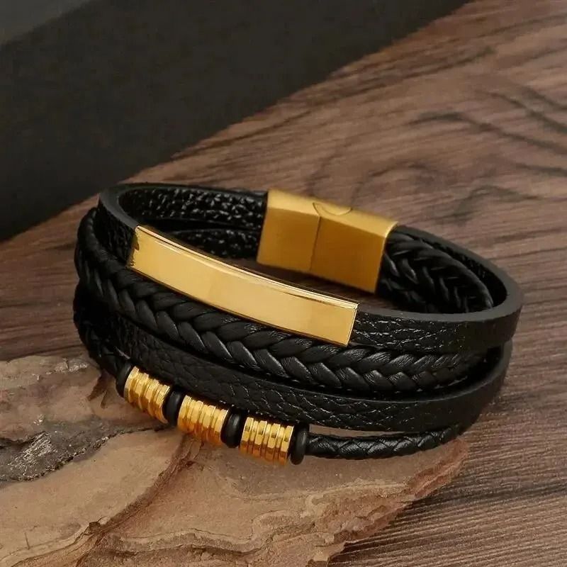 Multi Layer PU Leather Mens Bracelet With Magnetic Closure Gold Tube Charm 7