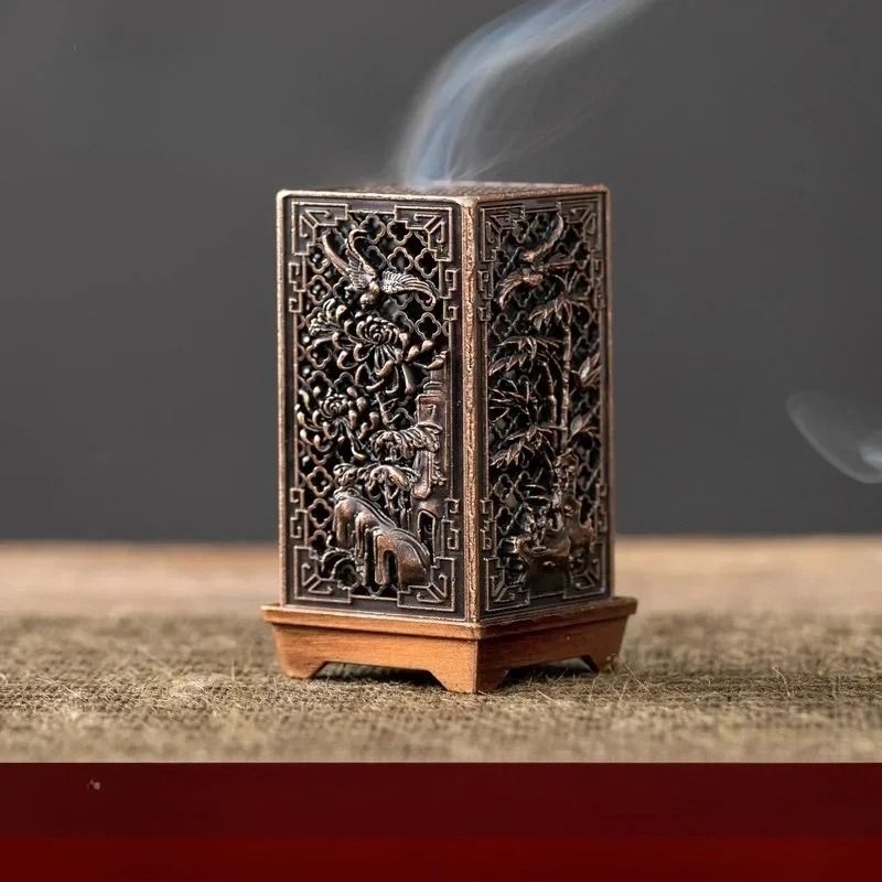 Square Vertical Incense Burner Alloy Aromatherapy Holder With Chinese Plum Design 3