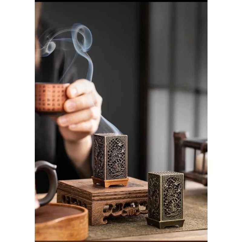 Square Vertical Incense Burner Alloy Aromatherapy Holder With Chinese Plum Design 4