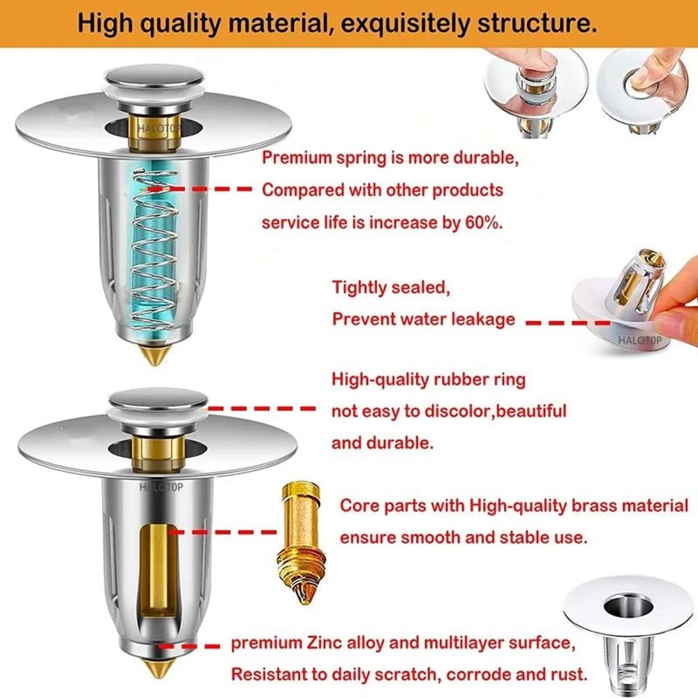 BrassGuard Universal Pop Up Sink Drain Stopper With Hair Catcher 5