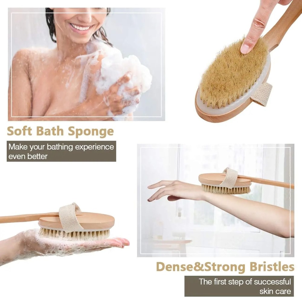 Bamboo Long Handle Bath Brush With Natural Boar Bristles Foldable Back Scrubber 7