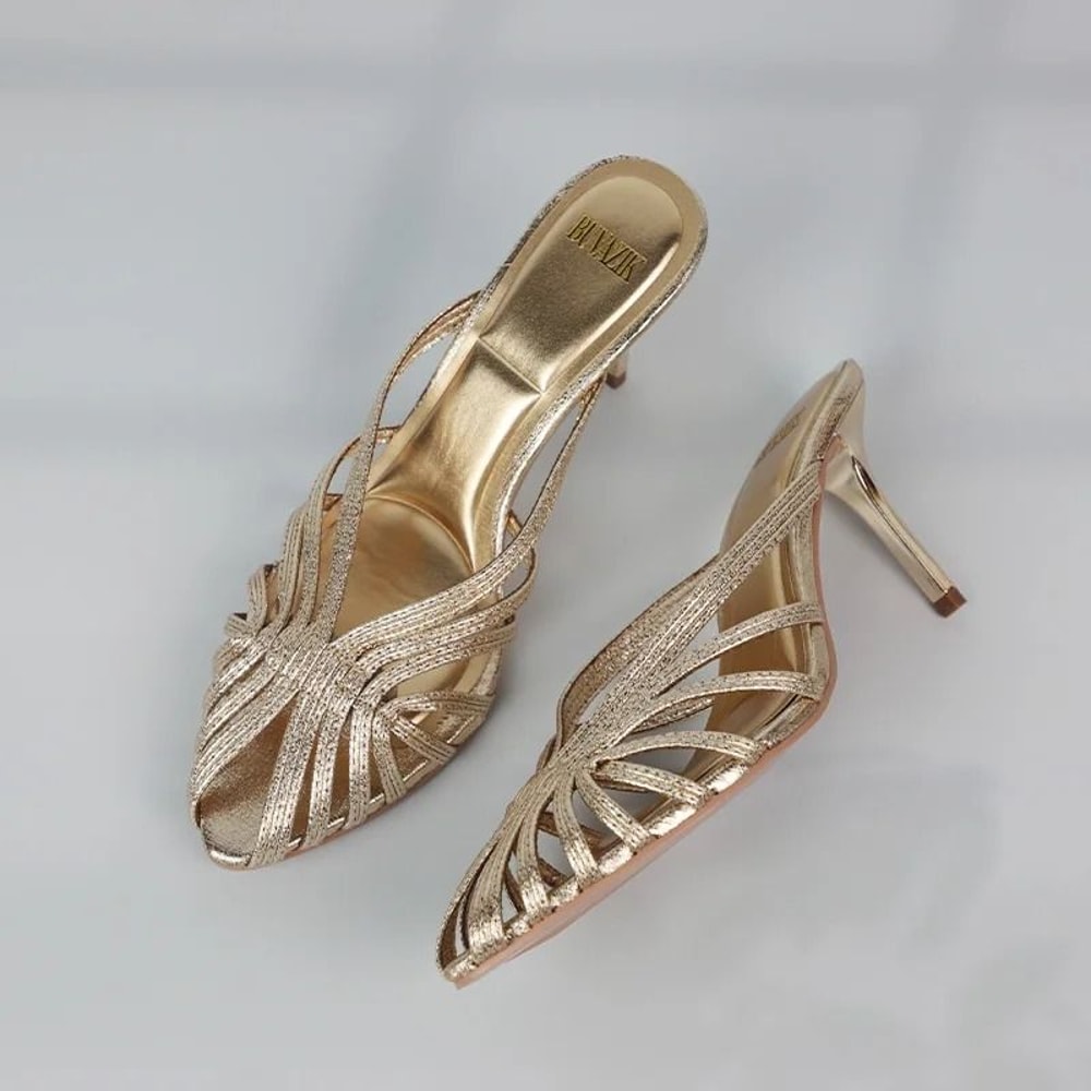 Gold Hollow Strap Pointed Toe Heels For Women Elegant Office And Summer Mules 4
