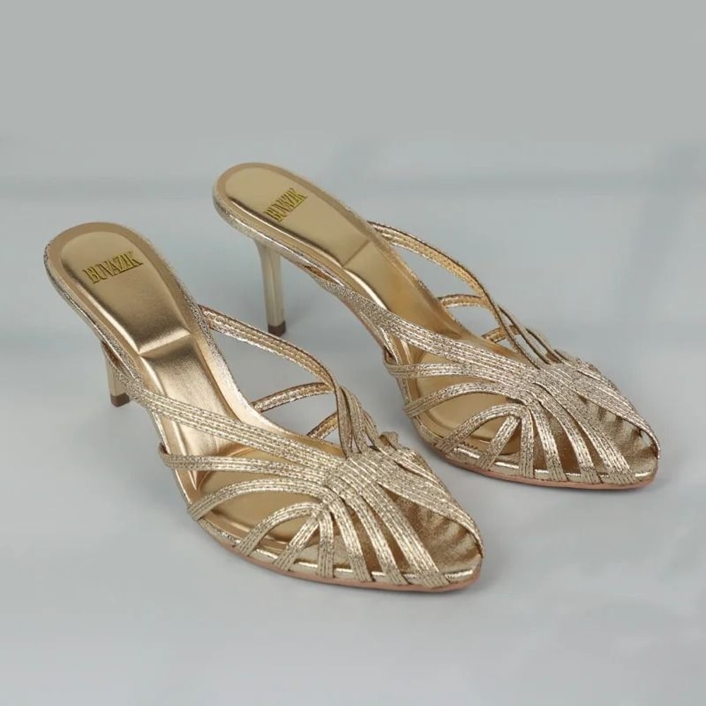 Gold Hollow Strap Pointed Toe Heels For Women Elegant Office And Summer Mules 5