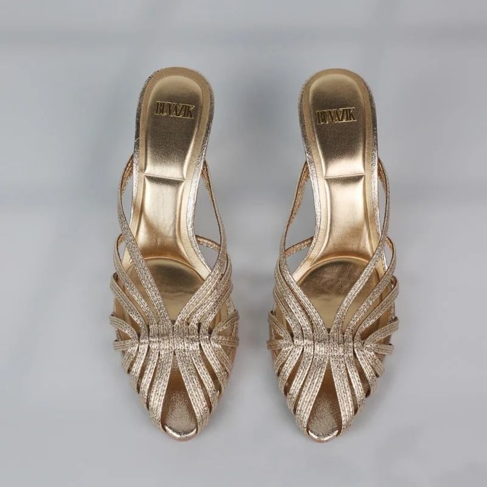 Gold Hollow Strap Pointed Toe Heels For Women Elegant Office And Summer Mules 6