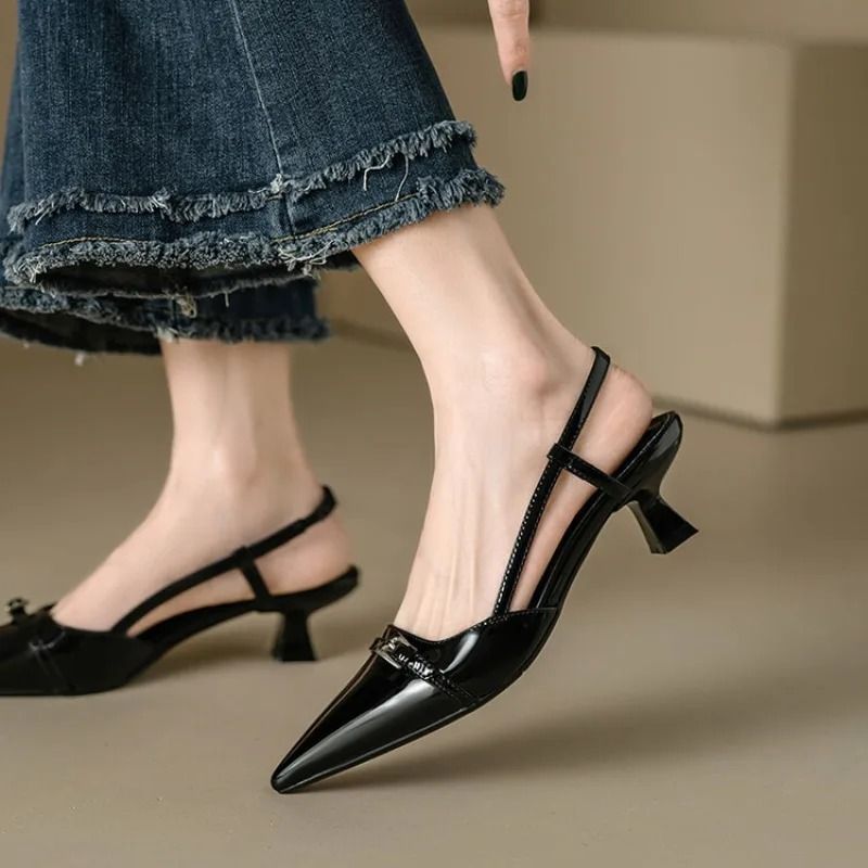 Elegant Patent Leather Pointed Toe Slingback Heels With Buckle Strap 4