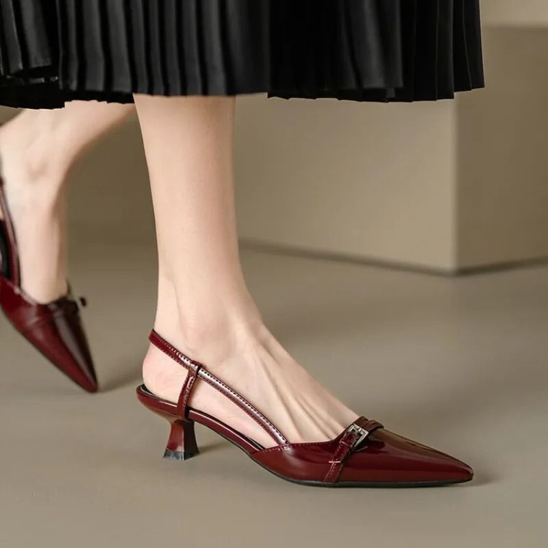 Elegant Patent Leather Pointed Toe Slingback Heels With Buckle Strap 5
