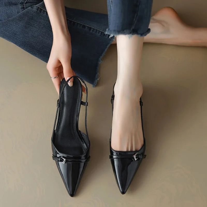 Elegant Patent Leather Pointed Toe Slingback Heels With Buckle Strap 6